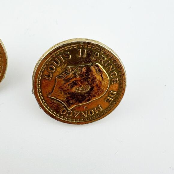 Vintage Louis II Prince de Monaco Coin Earrings - Gold Tone Screw Back Clip On - Picture 4 of 10